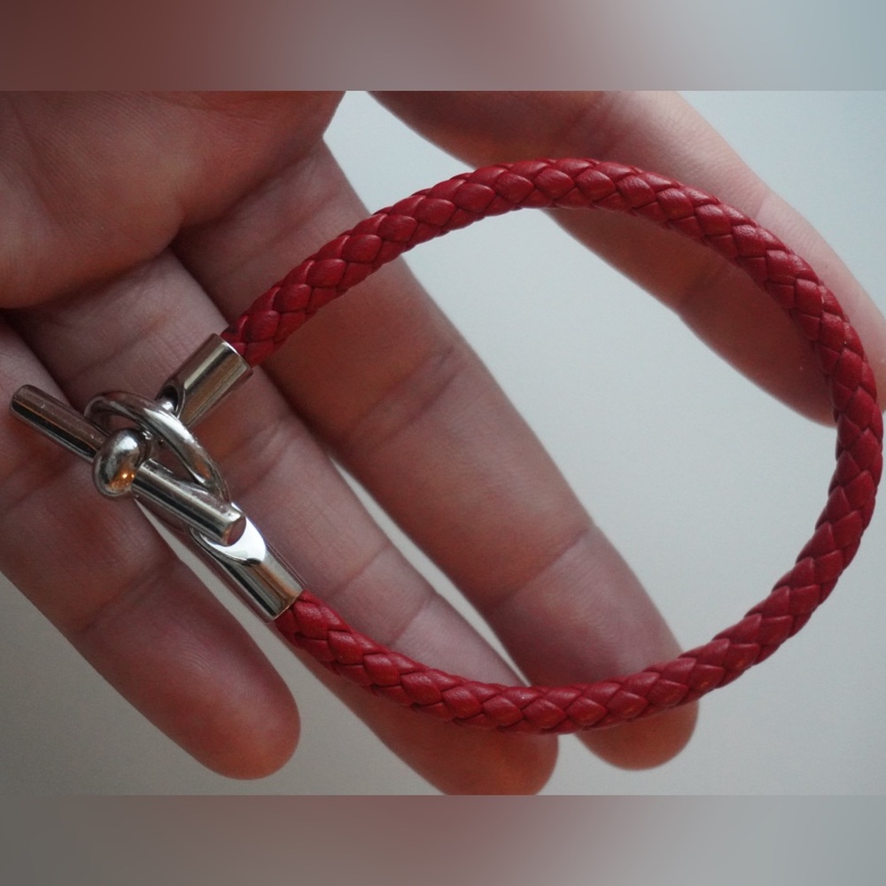 Hermes Red Braided Leather Bracelet with Silver Toggle